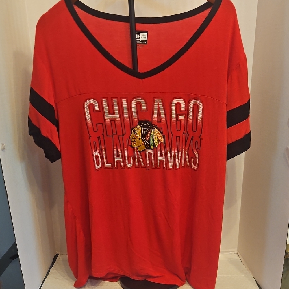 Womans Chicago Blackhawks  Vibrant Red Tee with Black Trim